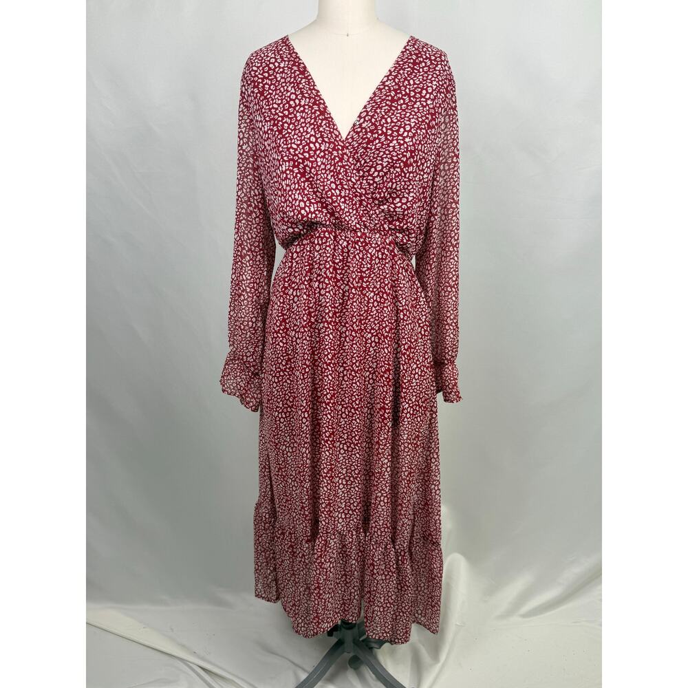 NEW Women’s Midi‎ Dress L Burgundy Animal Feminine Teachercore Ruffle Hem V-Neck